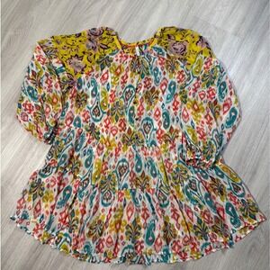 Anthropologie A+ Mixed Ikat Floral Tiered Tunic Blouse Multi Color 1X